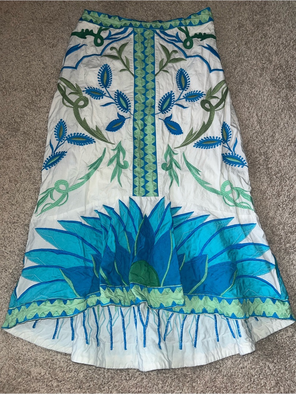Anthropologie White Maxi Skirt with Blue & Green Embroidered Leaves